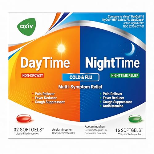 AXIV Day & Night Cold & Flu Medicine Combo Pack Softgels Daytime & Nighttime Relief for Headache Fever Sore Throat Minor Aches & Pains & Cough 48 Softgels