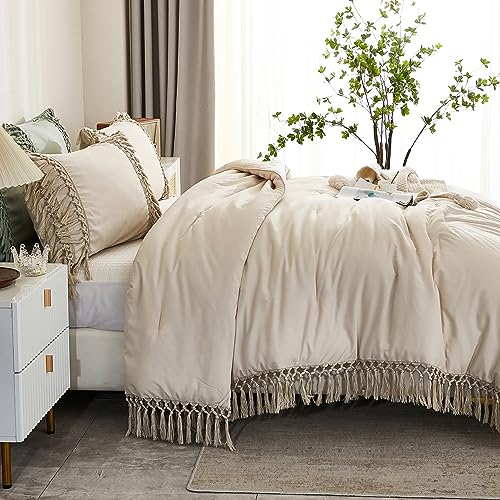 Image of Andency King Size Comforter Set Beige, 3 Pieces Boho Tassel Lightweight Soft Bedding Comforter Sets for King Bed, All Season Fluffy Bed Set (104x90In Comforter & 2 Pillowcases)