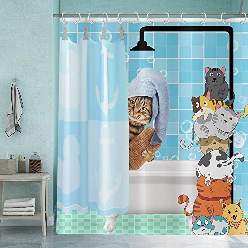 GCIREC Funny Cat Shower Curtain, Cute Kitten Taking Shower Get Naked Animals Printed Weighted Bottom Bathroom Curtain for Kid Bathtub Home Decor Waterproof Washable with Hooks,36"x72"