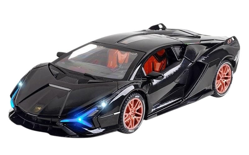 Image of Advisian store 1:24 Lamborghini Sian Die-cast Metal Toy Model Car Pull Back car Super car with Openable Doors with Sound and Light for Gifts Toys for Kids (1:24 Lamborghini Sian - Black)