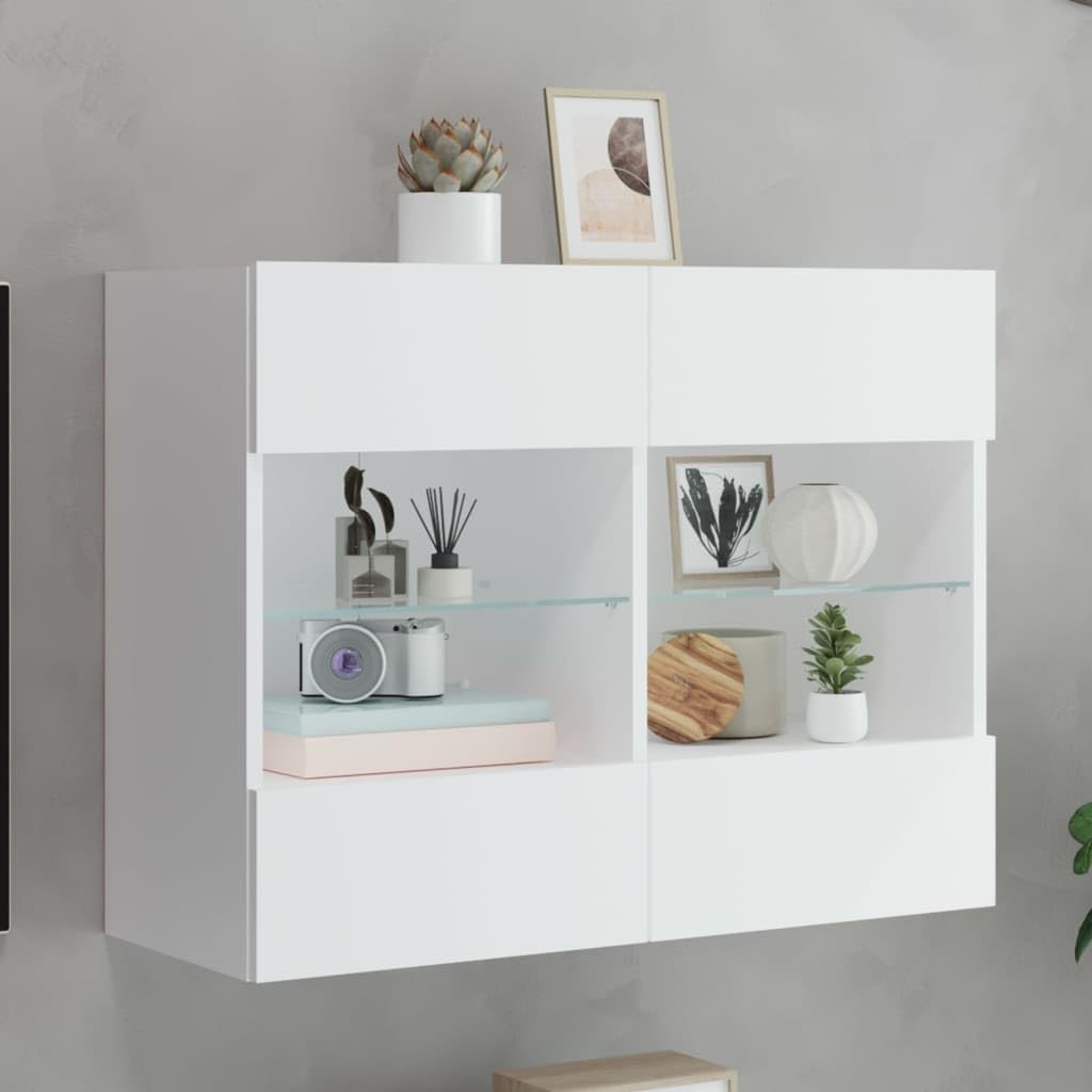 Meuble TV mural bois d'ingénierie blanc 4 compartiments et verre