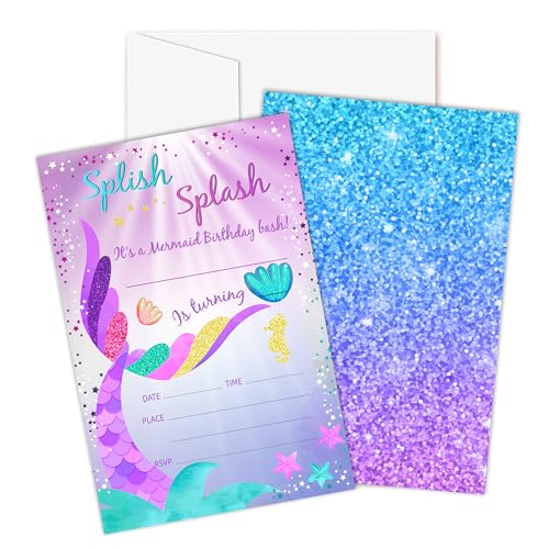 CWIOQPYI Birthday Invitations 20-Count 4x6 Mermaid Birthday Party Invitations with Envelopes for Girls Under the Sea Party Decorations Supplies - A08