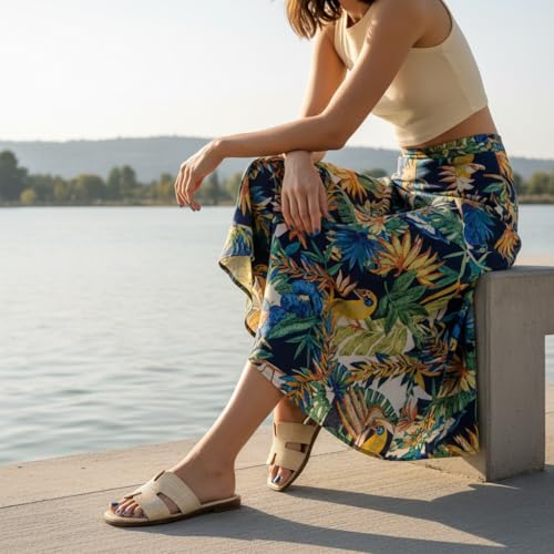 Image of CUSHIONAIRE Voyage Cutout Strap Slides for Women, Slip On Summer Flats, Trendy Footwear, Memory Foam Vegan Leather Comfortable Vacation Style Sandals