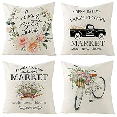 Tosewever Set of 4 Decorative Spring Floret Throw Pillow Covers - Bicycle Car Flower Linen 18 x 18 Inches Pillow Cushion Case for Sofa Couch Bed Home Outdoor (18" x 18", Spring/Vintage)