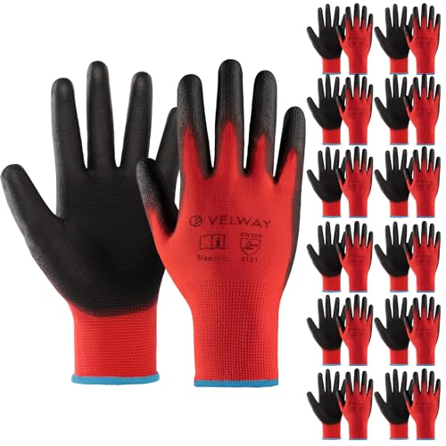 Velway 12 Pares Guantes de Trabajo - Guantes de Protéccion para Hombre Talla 10 Alta Resistencia - Recubrimiento de Poliéster PU - Versátiles Protección Mecánica Industrial Jardinería Pintura - Rojo