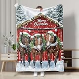 Weihnachtliche Pferdedecke, festliches rotes Pferdedekor, Überwurfdecke, weiches Plüsch-Fleece für Urlaub, Sofa, Camping, Reisen, alle Jahreszeiten, 152,4 x 203,2 cm