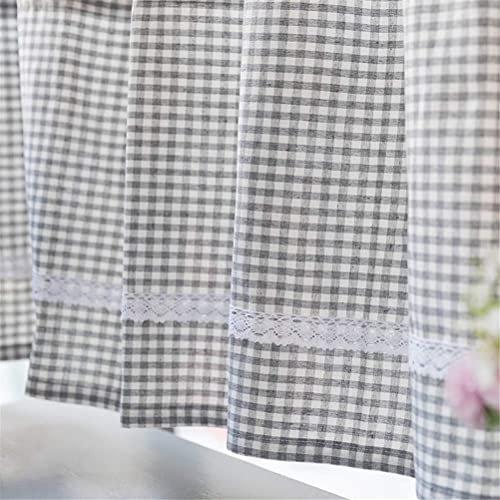 Cortinas de café de lino y algodón a cuadros grises para cocina y armarios 6