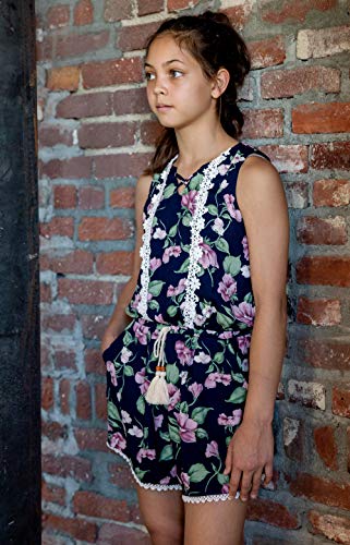 Smukke, Big Girls Vintage Lace Trimmed Sleeveless Summer Romper With Pockets (Many Options), 7-16 (Navy Floral, 12) #TOP2