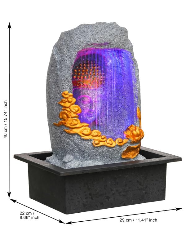 Image of Polyresin Tabletop Grey Meditating Buddha Sitting in Cave Style Indoor Front Curtain Waterfall Fountain for Home Decor with LED Light, Speed Controller Pump (Size: 40 x 22 x 29.5CM)