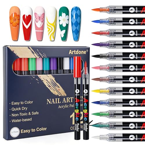 Artdone 12 Colors Nail Art Pens Set, 3D Quick-Drying Acrylic Paint Markers Nail Point Graffiti Dotting Drawing Liner Brush for DIY Gel Nail Polish Design Manicure Tools