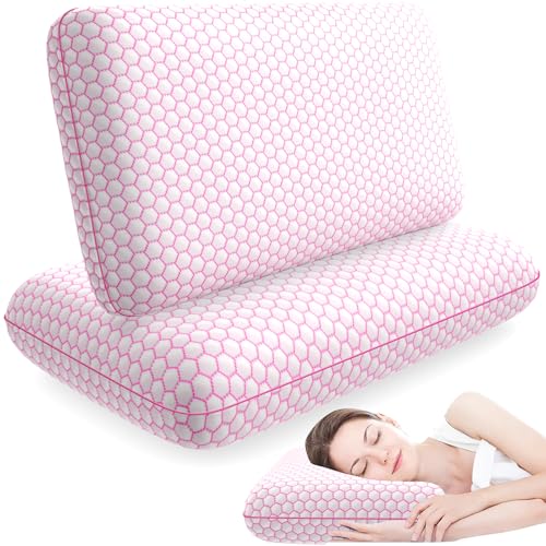 Memory Foam Pillows for Side, Back and Stomach Sleepers, Set of 2, Bed Pillow with Washable Cover and Breathable Mesh, Bed Pillow for Sleeping (Pink,Standard Size)