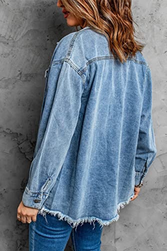 chouyatou Women's Distressed Oversize Frayed Hem Trucker Denim Jean Jacket Shirt Shacket2