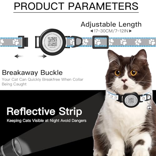 Image of Waterproof Airtag Cat Collar with QR TAG & Reflective, Footprints Pattern, Lightweight Kitten Collar for Apple AirTag, Hidden GPS Tracker Holder for Cats, Kittens (Blue)(7-12 inch)