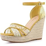 Allegra K Espadrilles compensées en dentelle pour femme, Jaune/vert, 38 EU