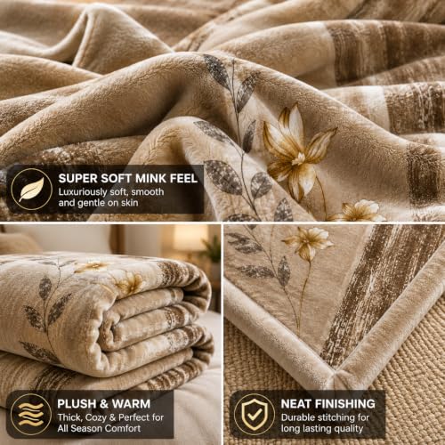 Image of Signature All Season Double Bed Blanket | Super Soft Plush, Lightweight & Cozy | 220 x 240 cm | 2.5 kg | Multi-Color Vibrant Print | Ideal for Winter, AC Use & Gifting (Beige Botancial)