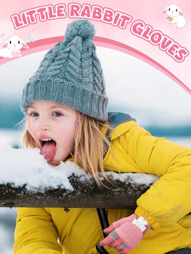 SATINIOR 2 Pairs Winter Kids Fingerless Gloves Toddler Finger Mittens Knit Convertible Half Finger Mitten Flap Aged 3-10(Pink, Beige,Rabbit)4