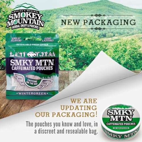 Image of SMOKEY MOUNTAIN Caffeinated Pouches - Wintergreen - Tobacco Free and Nicotine Free - 15 Pouches Per Pack - 5 Packs