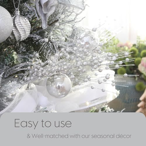 Sea Team 24-Pack Artificial Glitter Berry Stem Ornaments, Decorative Bead Sticks, Glittery Twigs, Picks, Branches for Christmas Tree, Small Vase, Holiday, Wedding, Party (17 Inches, Silver)