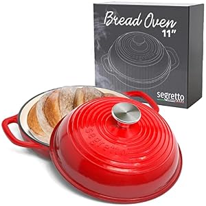 Segretto Cookware Enameled Cast Iron Bread Pan with Lid, 11” Red Bread Oven Cast Iron Sourdough Baking Pan, Dutch Oven for Bread, No Seasoning Needed –