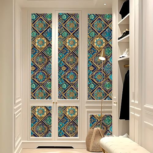 Image of Spring Summer Moroccan Tile Wall Decals, Blue Gold Mosaic Peel and Stick Wallpaper for Home Refresh, Boho Mural for Spring Cleaning Decor, Mother's Day, 39.37x15.75 Inch