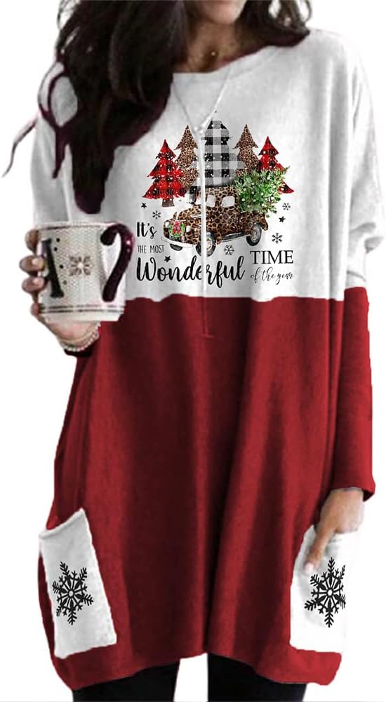 Women Christmas Shirt Xmas Tree Truck Crewneck Sweatshirt Plaid T-Shirt Dress Long Sleeve Blouse Pullover Tops