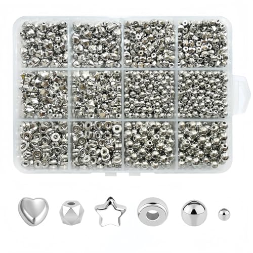 Looconi 1500pcs Silver Spacer Beads Set Assorted Round Star Gold Beads for Bracelet Jewelry Making