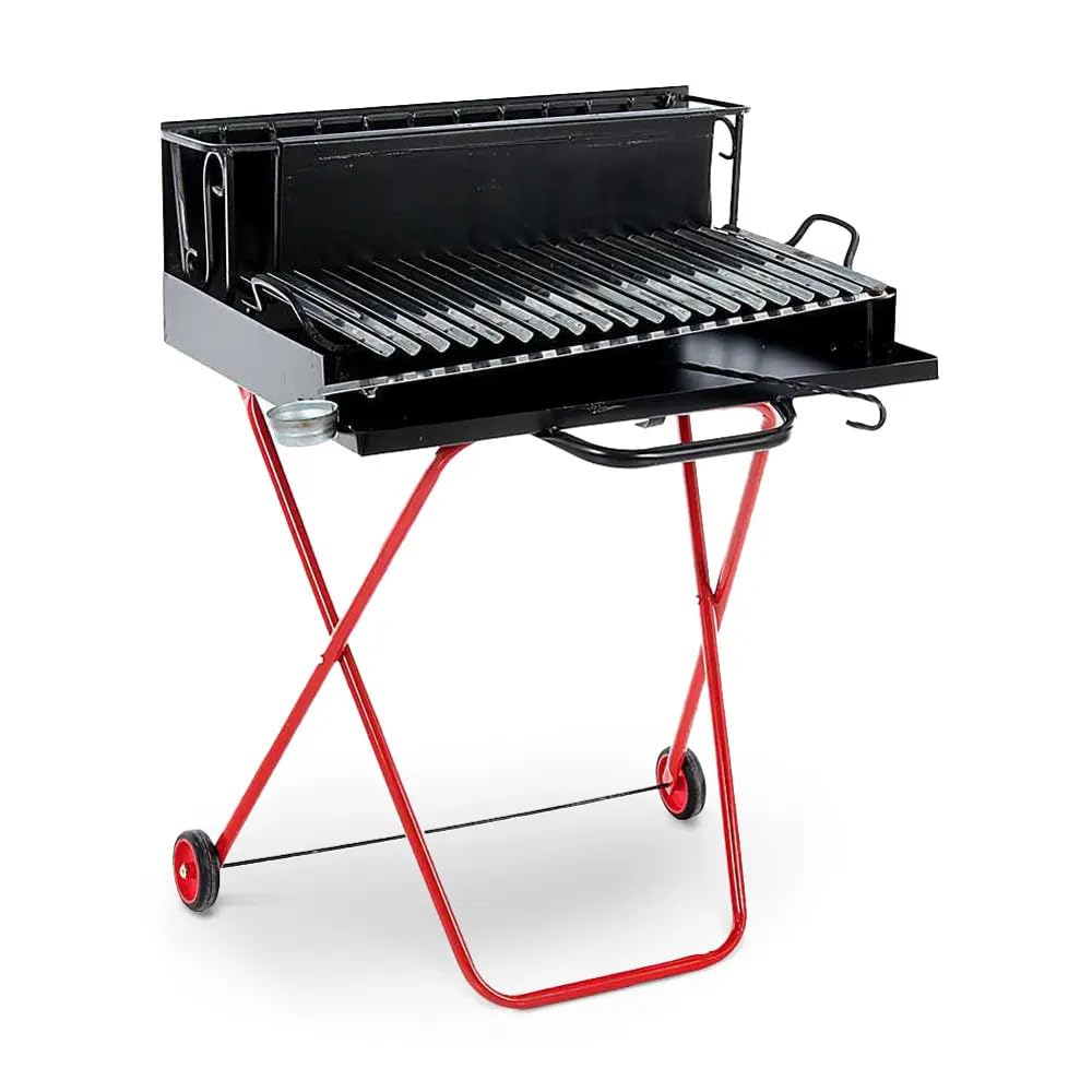 Barbecue a Legna Portatile con Griglia in Acciaio Inox, Ripiano Recupera Grassi, Pieghevole con Ruote, Made in Italy, Con tira braci e bicchiere raccogli olio OMAGGIO (Extra Large)