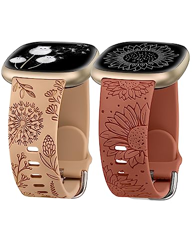 Minyee 2 Packs Floral Engraved Band Compatible with Fitbit Versa 4/Versa 3/Sense 2/Sense Band Women...