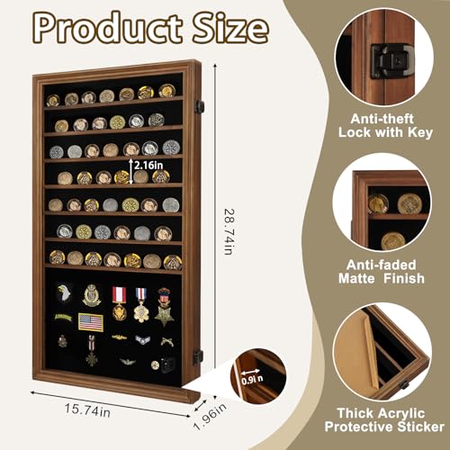 Image of Jinchuan Military Challenge Coin Display Case Lockable Cabinet Rack Shadow Box with Removable 2 Grooves Shelves and Anti Fade Acrylic Glass for Casino Poker Chips Collectibles, Extra Large - Walnut