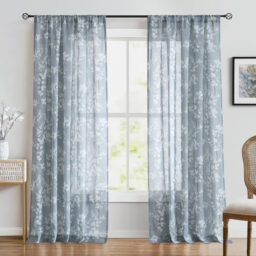 Image of FMFUNCTEX Linen Sheer Blossom Floral Print Curtains Blue 96 Inch 2 Panels