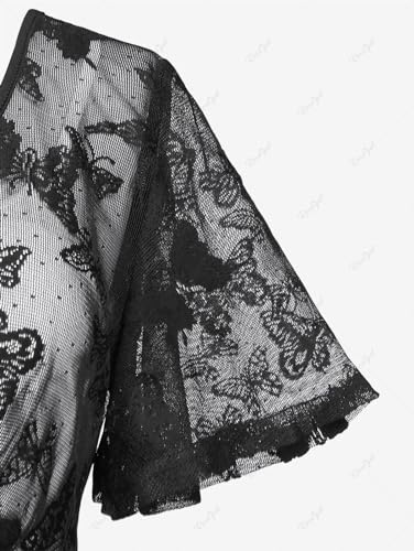 Rosegal Plus Size Womens V Neck Butterfly Lace Overlay Lace-up 2 in 1 Blouse Short Flutter Sleeve Flowy Top3
