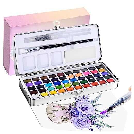 Acuarelas Profesionales, 50 Colores Intensos en Caja Portátil, Kit Acuarela de Viaje Ideal para Artistas, Principiantes y Aficionados a la Pintura