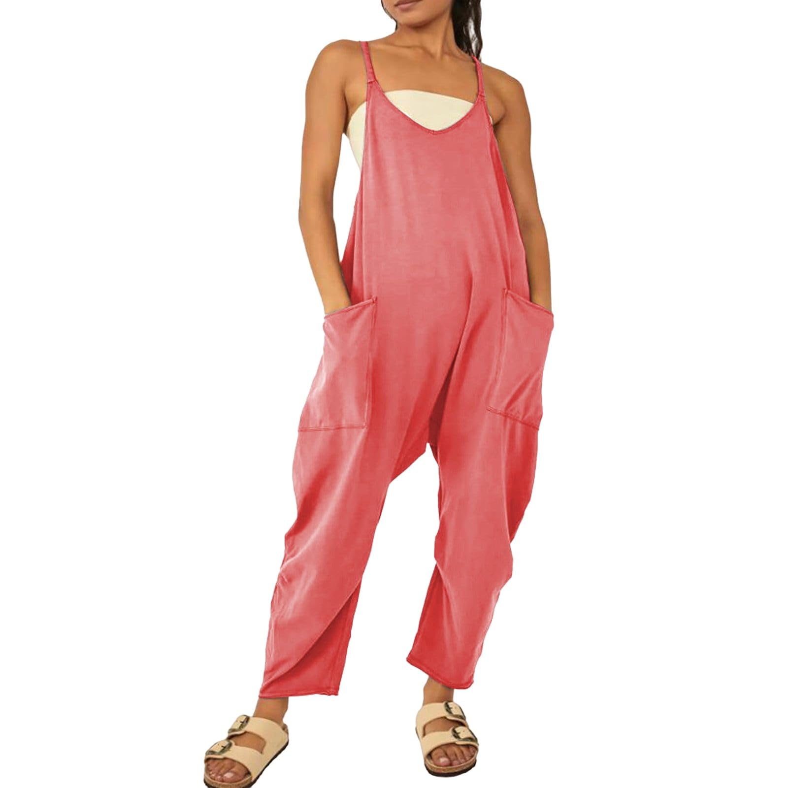 Women's Jumpsuit Sleeveless Spaghetti Strap Casual Summer Overalls Loose Wide Leg Beach Romper with Pockets