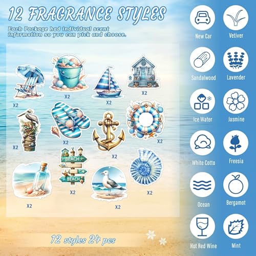 Image of 24 Pcs Nautical Car Air Freshener Bulk Cruise Ship Drift Air Freshener for Auto or Home Hanging Scented Decor Summer Holiday Gifts Bathroom, Ice, Mint, New Car Smell, Individually Wrapped