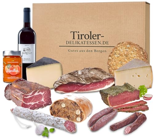 Almgourmet Coffret cadeau 12 pièces - Spécialités tyroliennes - Avec vin, saucisses et fromage - Délicatesses - Coffret cadeau