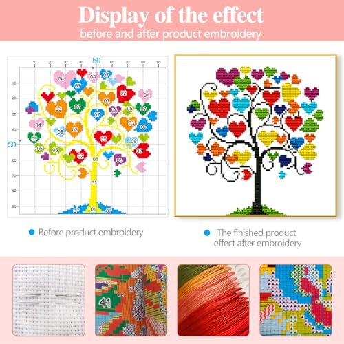 Image of Zhenqing Heart Tree Stamped Cross Stitch Kit for Beginners, 11CT Printed 11.8 x 11.8 Inch Colorful Love Tree Pattern with Threads, Needles and English Instructions, DIY Wall Decor Gift