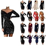 BuzkiK Damen Bodycon Kleid Schwarz Sexy Spitzenkleid Tiefer V-Ausschnitt Eng Minikleid Elegant Schlank Pailletten Partykleid GroßE GrößEn Langarm Herbst Abendkleid, S
