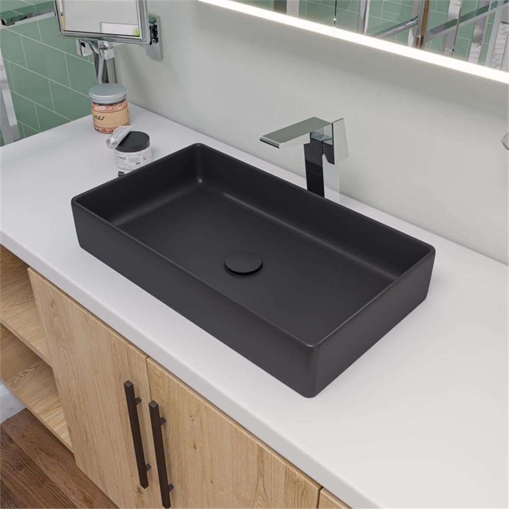 Pemberly Row 24" Rectangular Above Mount Ceramic Sink, Black Matte Finish, High Grade Porcelain, Vessel Installation, Modern Bathroom Sink for Countertop Use