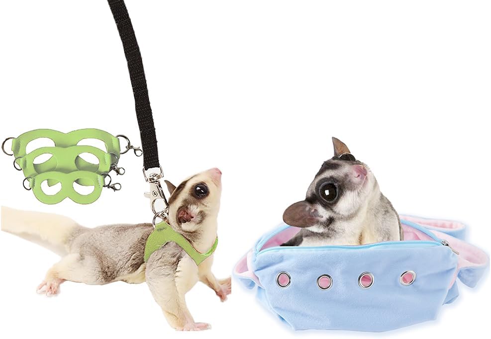 Meow&Woof Sugar Glider Bonding Pouch & Small Animal Carrier+ 3 Pack Sugar Glider Harness and Leash Set