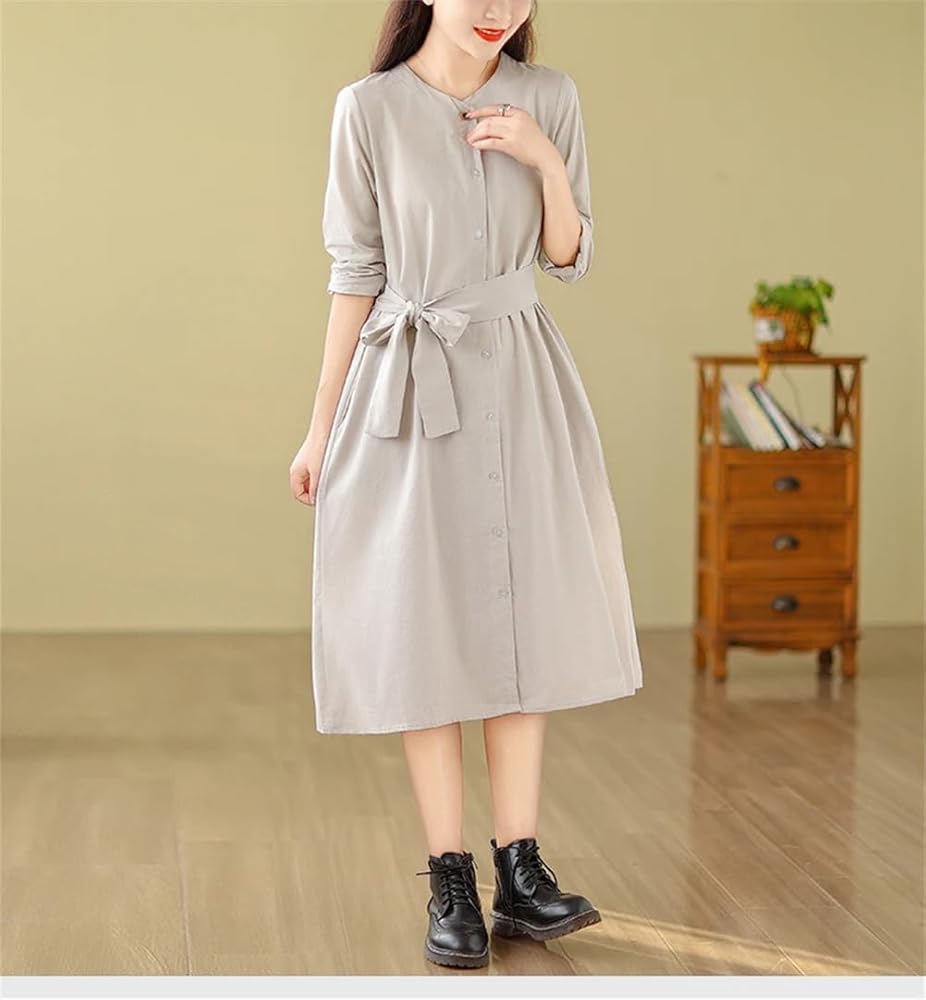 Womens Solid Color Cotton Linen Shirt Dress Long Sleeved V