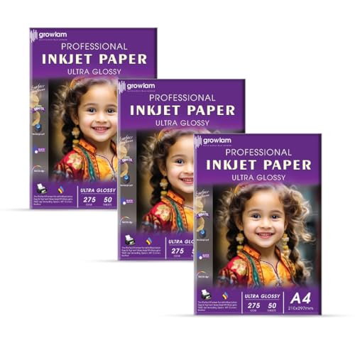 Image of Growlam Ultra Glossy Photo Paper 275 GSM A4 Size Photo Paper- Water Proof, Instant Drying, 50 Sheets, Resin Coated, Compatible with Inkjet Printer (Pack of 3)