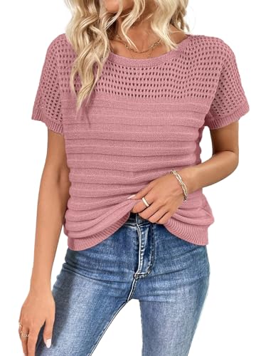 Image of SHEWIN Womens Sweaters Crew Neck Short Sleeve Shirts Summer Tops Knit Hollow Out T Shirts Sweater Blouses