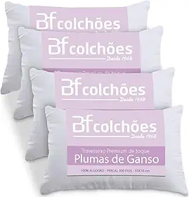 Kit 4 Travesseiros Fibras Toque Pluma de Ganso 100% Algodão Percal 300 Fios Premium Antialérgico 50x70cm - BF Colchões