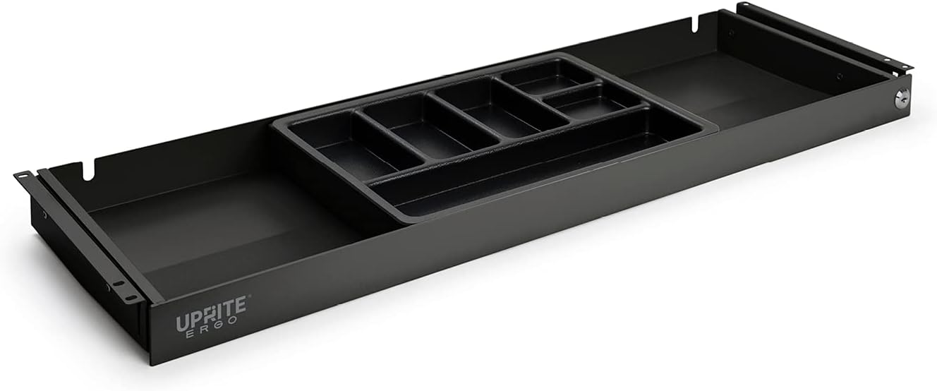Under Desk Storage Drawer With Lock– Slim Pen & Pencil Drawer for Regular & Sit-Stand Standing Desks, Gray (33” x 9.5”)