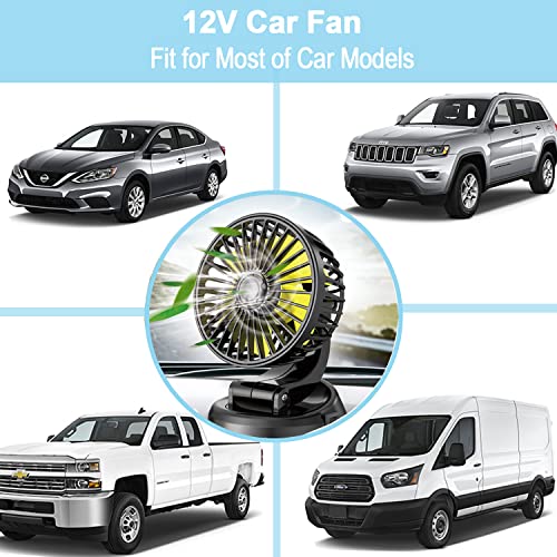 Car Fan, Ouffun 12V Portable Auto Cooling Fan 360 Degree Rotatable Vehicle Fan Strong Wind Electric Fan for Car Quiet Car Fans with Cigarette Lighter Plug for Car Dashboard Truck SUV Sedan RV Van Boat