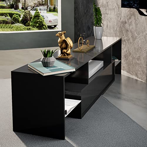 Tantmis Black Led Tv Stand For 55/65/70/75 Inch Tv, Tv Media Center, Modern Entertainment Center With Large Storage For Living Room, Bedroom, Gaming Tv Stand, 63'W*14'D*18'H #TOP4