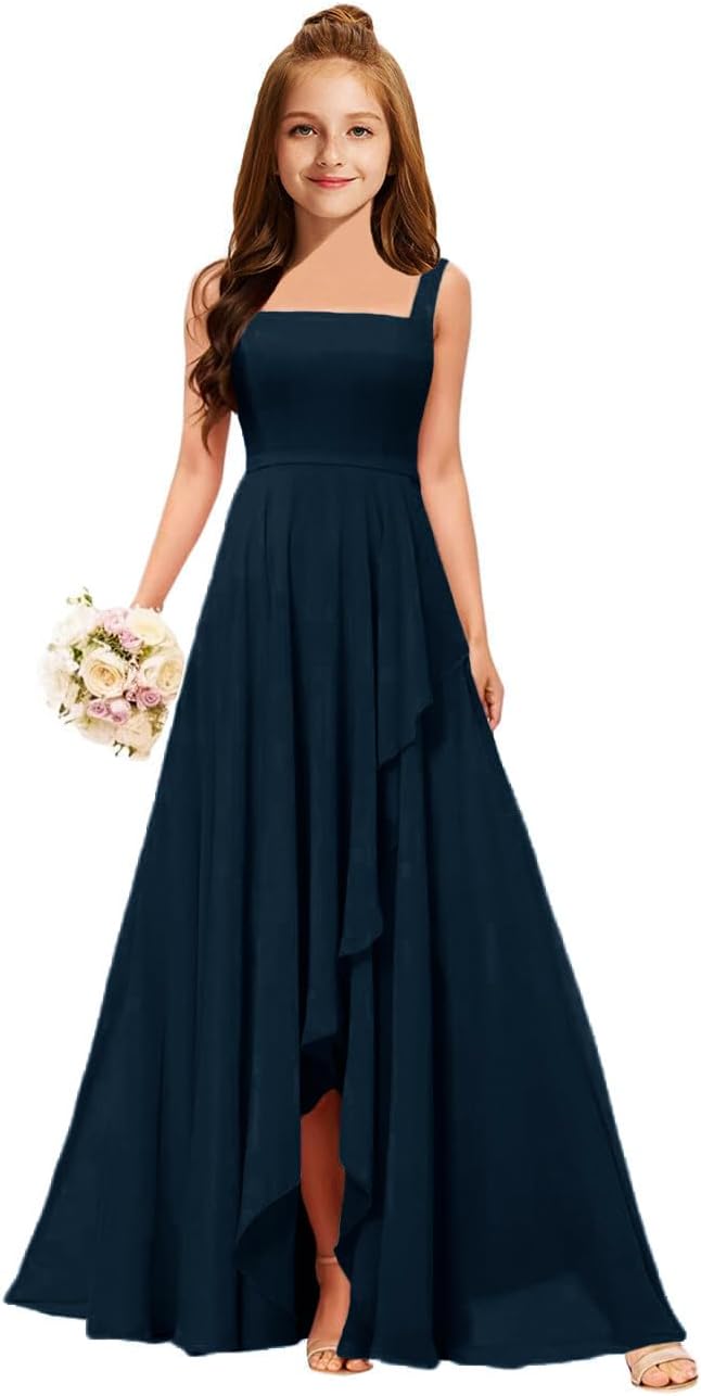 MRHUSH Junior Bridesmaid Dresses Chiffon Square Neck Flower Girl Dress Ruffle Prom Dresses for Teens Slit Girls Formal Gown