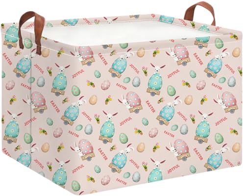 Image of Rectangle Pink Rabbit Easter Basket with Handles,Collapsible Kids Toys Bin,Cute Baby Storage Basket,Books Box,Gift Basket(Pink Rabbit Easter Basket)