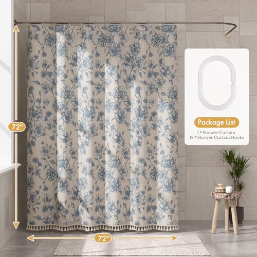 Image of AmazerBath Light Blue Floral Shower Curtain, Modern Farmhouse Shower Curtain Set with Tassels, Rustic Faux Linen Shower Curtain Washable with Hooks for Cottagecore Style, 72x72 Inches