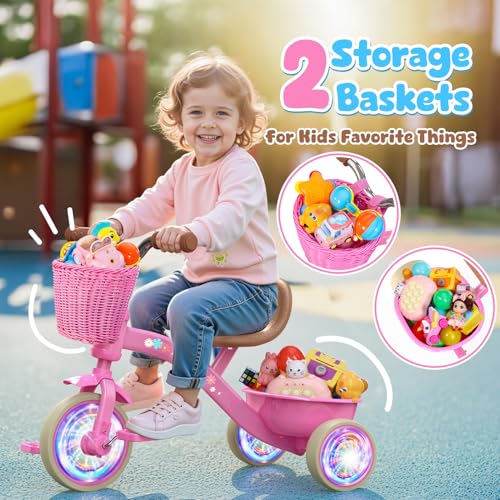 Kkdi Toddler Tricycle for 1-3 3-5 Year Olds, 2 3 4 5 Year Old Girl Birthday Gifts, Pink Toddler Baby Bike, Outdoor Riding Toys for Ages 2-4, 4-Level Adjustable Seat, 3 Color Light Wheels, 2 Baskets by Kkdi - Image 5